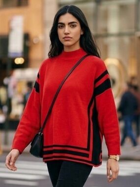 Ali Miles Knit Color Block Trimmed Poncho Style Long Sleeve Split Hem XL Sweater